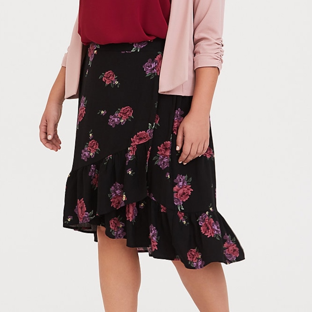 Torrid Black Floral Ruffle Challis Skirt